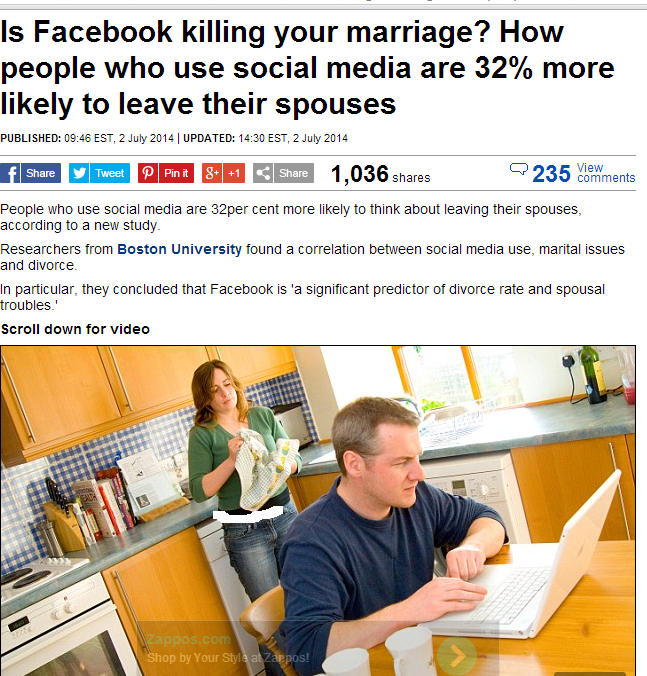 زوج هایی که از فیس بوک استفاده می کنند، بیشتر به جدایی فکر می کنند