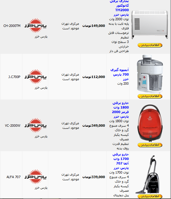 کلیه محصولات ساخت شرکت پارس خزر Pars Khazar درزیرلیست شده است