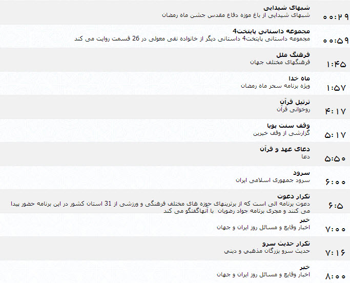 جدول پخش برنامه‌های شبکه یک سیما (1 تیر)