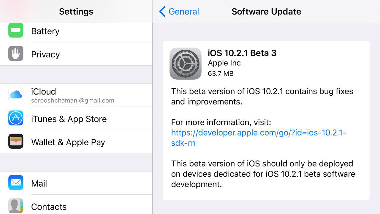 سومین نسخه آزمایشی iOS 10.2.1 برای توسعه‌دهندگان منتشر شد.