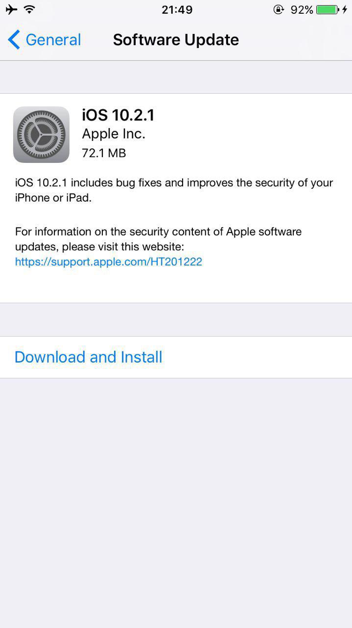 نسخه نهايى سيستم عاملِ IOS 10.2.1 عرضه شد.