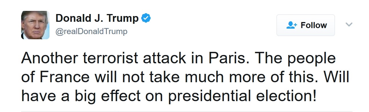 واکنش توییتری ترامپ به حمله تروریستی در پاریس