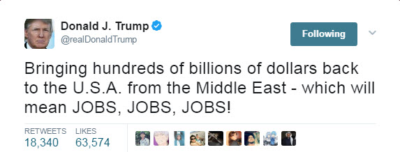 اولین توییت ترامپ پس از بازگشت از عربستان