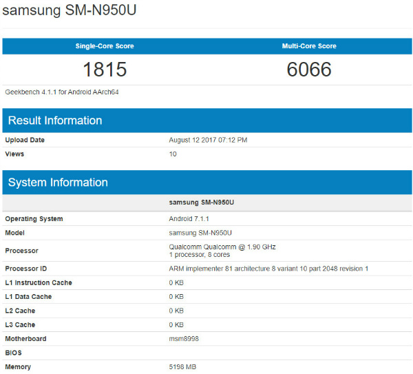 گلکسی نوت 8 در پایگاه Geekbench رؤیت شد