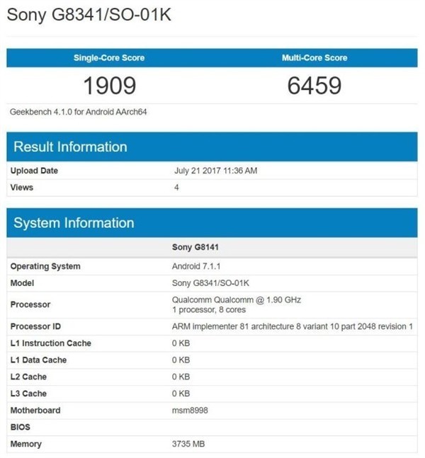 پرچمدار اکسپریا XZ1 در پایگاه Geekbench رؤیت شد