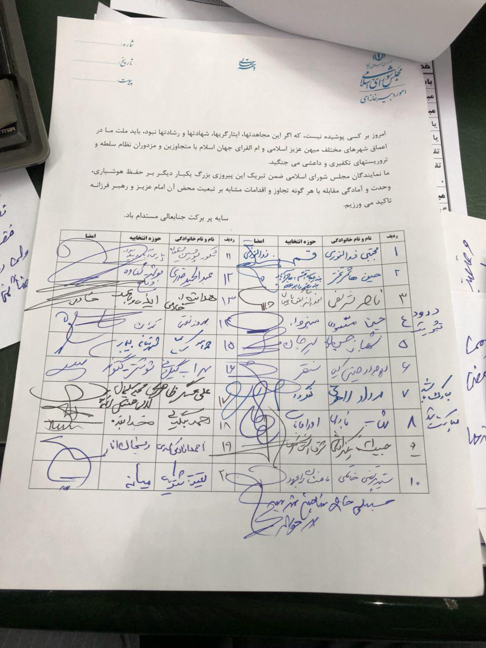 تصویر نامه نمایندگان به رهبری در تقدیر از سردار سلیمانی