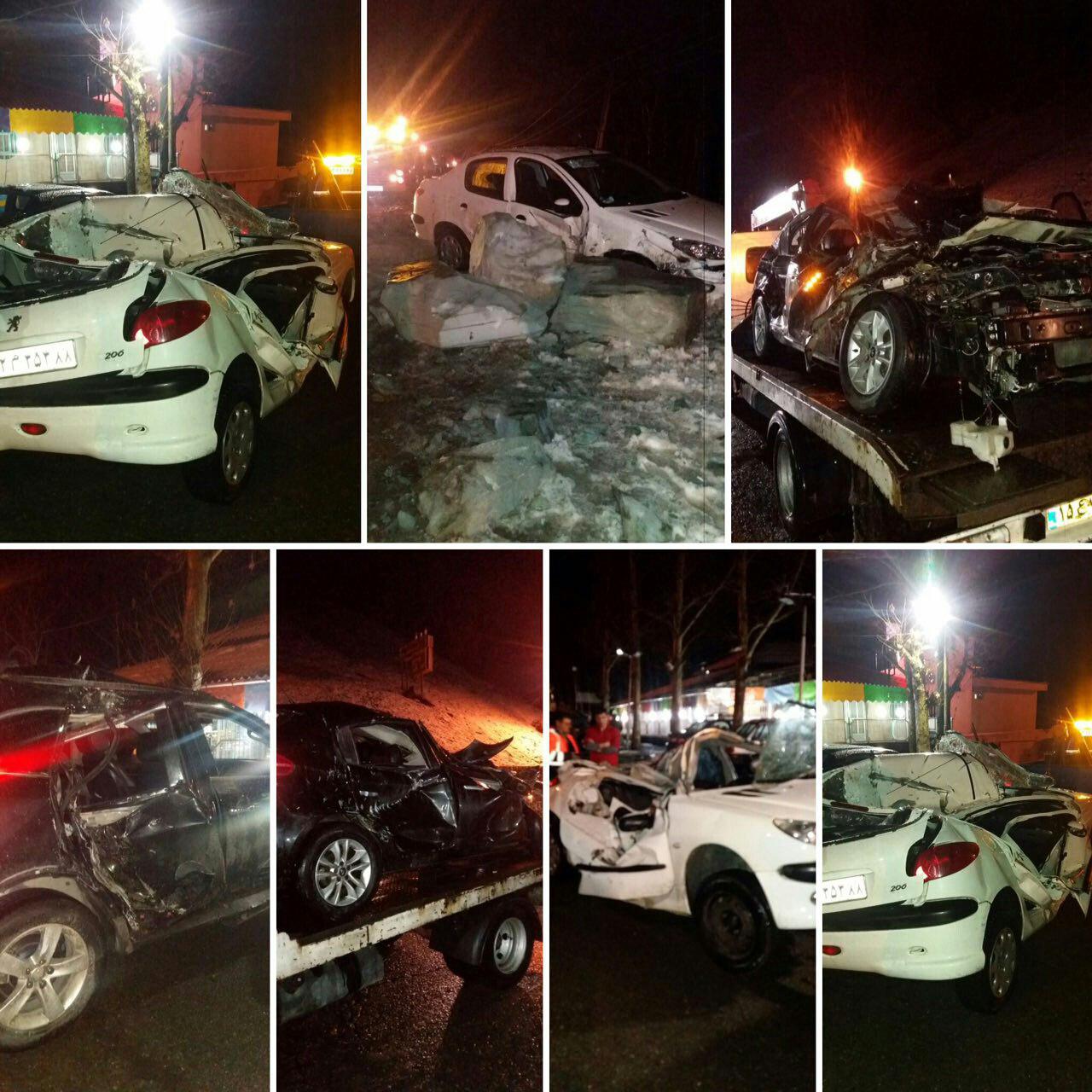 تصاویر خودروهای آسیب ديده در ريزش كوه محور کرج به چالوس