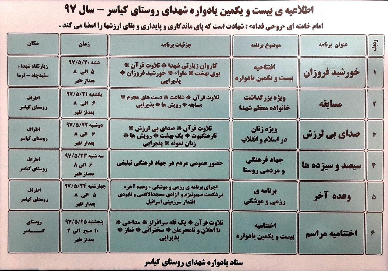 بیستمین یادواره شهدا کیاسر  مردمی  از 14 الی 19 مردادماه