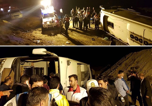 واژگونی اتوبوس مشهد-کرمانشاه در گردنه آهوان سمنان