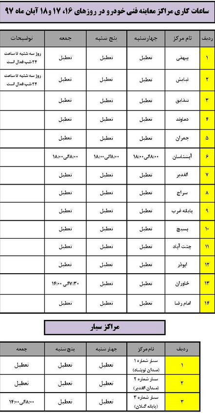 ساعت کاری مراکز معاینه فنی در روزهای تعطیل اعلام شد