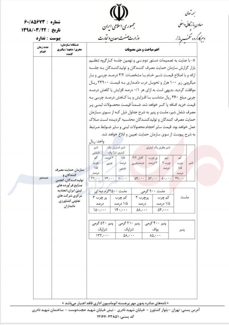 نرخ جدید شیرخام و لبنیات ابلاغ شد