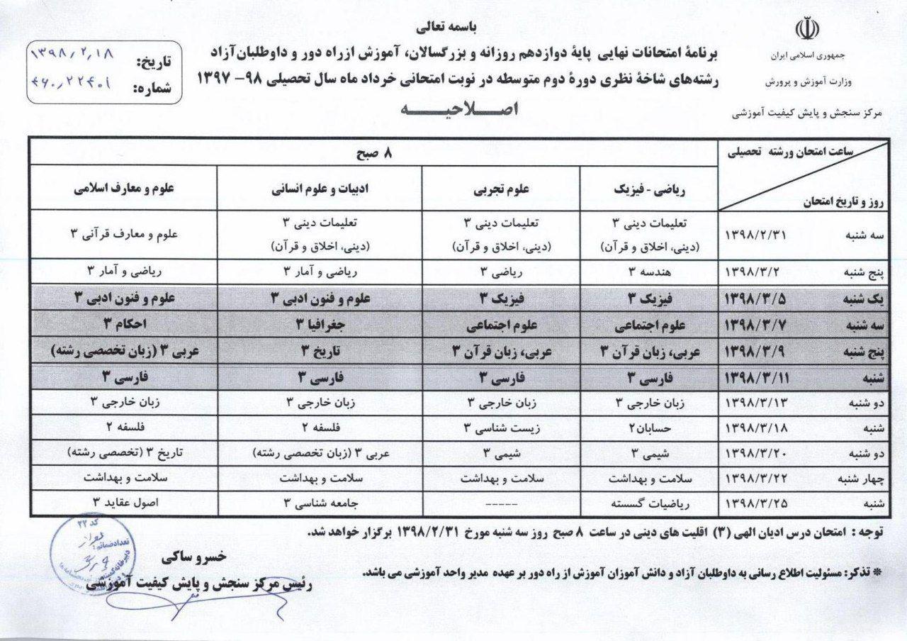 لو رفتن سئوالات ‏امتحانات نهایی پایه ی سوم دبیرستان