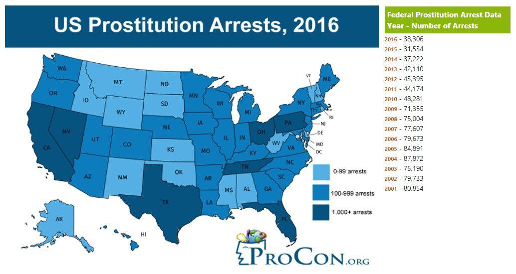 نقشه‌ی تعداد دستگیرشدگان در ایالت‌های امریکا به جرم فاحشگی