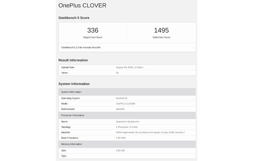 میانرده جدید وان پلاس با نام وان پلاس Clover در گیکبنچ دیده شد میانرده جدید وان پلاس با نام وان پلاس Clover در گیکبنچ دیده شد