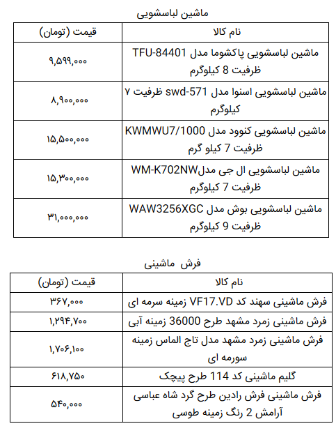 قیمت روز لوازم خانگی در ۱۵ شهریور