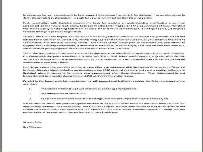نامه وزیر خارجه آمریکا به مسعود بارزانی ۴۸ ساعت قبل از برگزاری رفراندوم+ سند