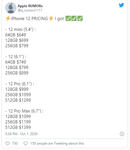 مدل‌های مختلف آیفون ۱۲ احتمالا با قیمتی بین ۶۴۹ تا ۱۳۹۹ دلار عرضه می‌شوند
