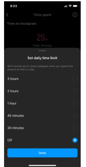 اینستاگرام گزینه‌ محدودیت زمانی استفاده روزانه کمتر از 30 دقیقه را حذف کرد