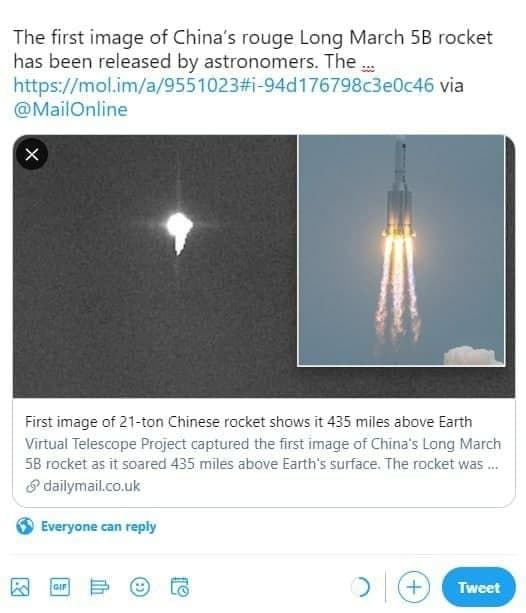 نخستین تصویر از موشک چینی در حال نزدیک شدن به زمین