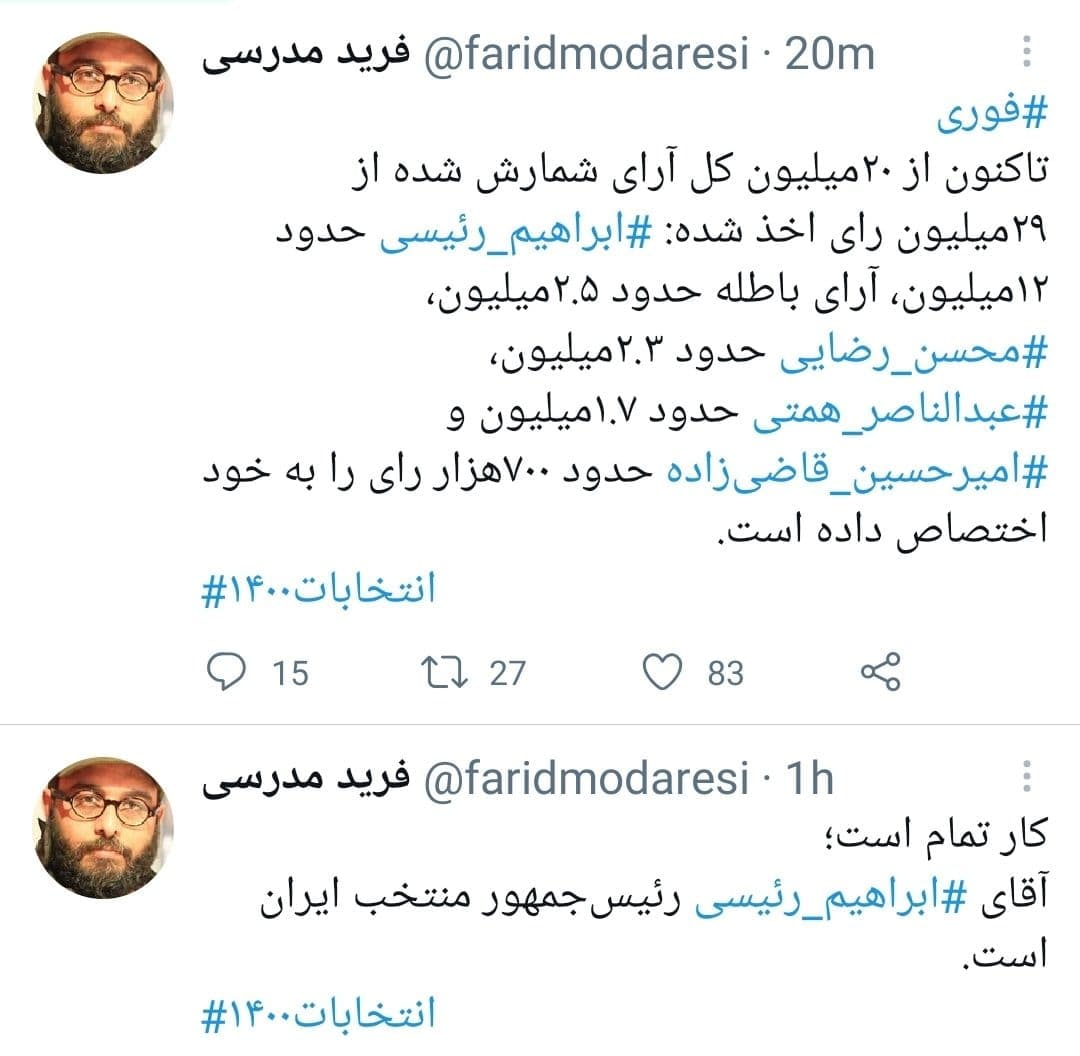 آمار غیر رسمی از پیروزی آیت الله رئیسی در انتخابات حکایت می کند