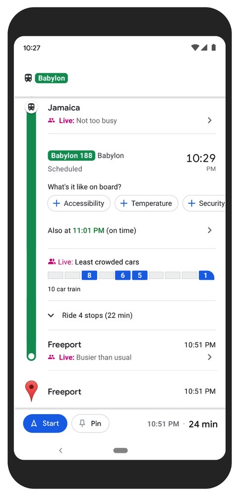 گوگل مپ میزان شلوغی اتوبوس‌ و مترو را نیز اعلام می‌کند