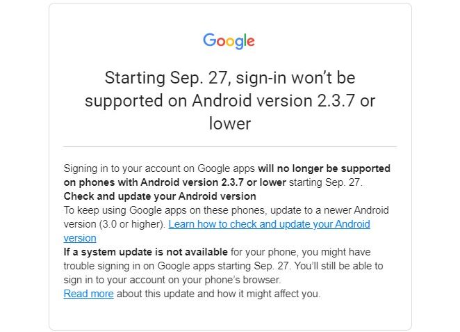 کاربران نسخه‌های قدیمی اندروید در آینده نزدیک دیگر نمی‌توانند وارد حساب گوگل شوند