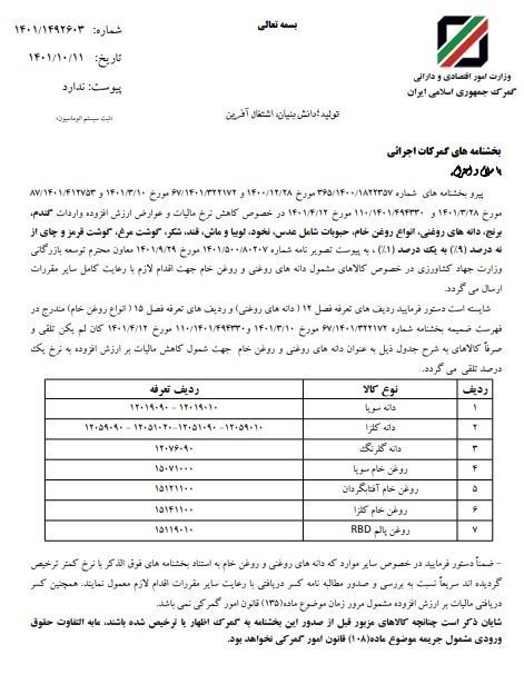 بخشنامه جدید گمرک/ مالیات ارزش افزوده ۷ کالای روغنی ۱درصد شد