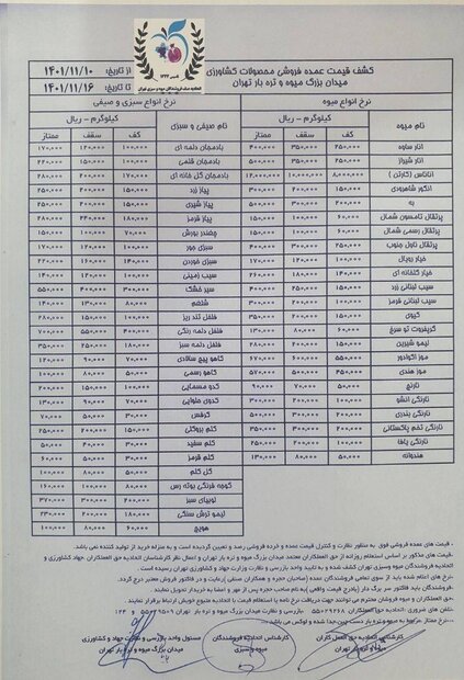 قیمت عمده میوه و سبزی جات اعلام شد