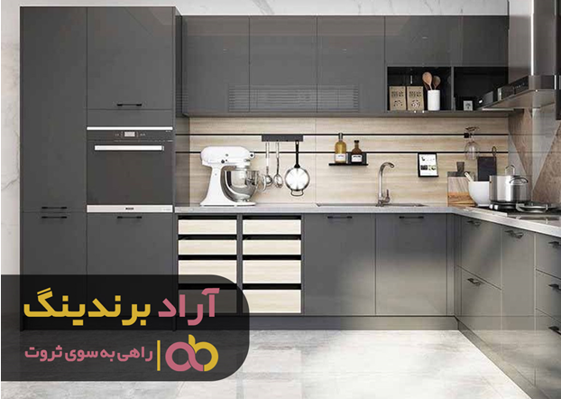 آشپزخانه زیبا با کابینت ام دی اف نقره ای