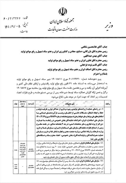 ۴ مصوبه جدید برای رفع موانع تولید ابلاغ شد