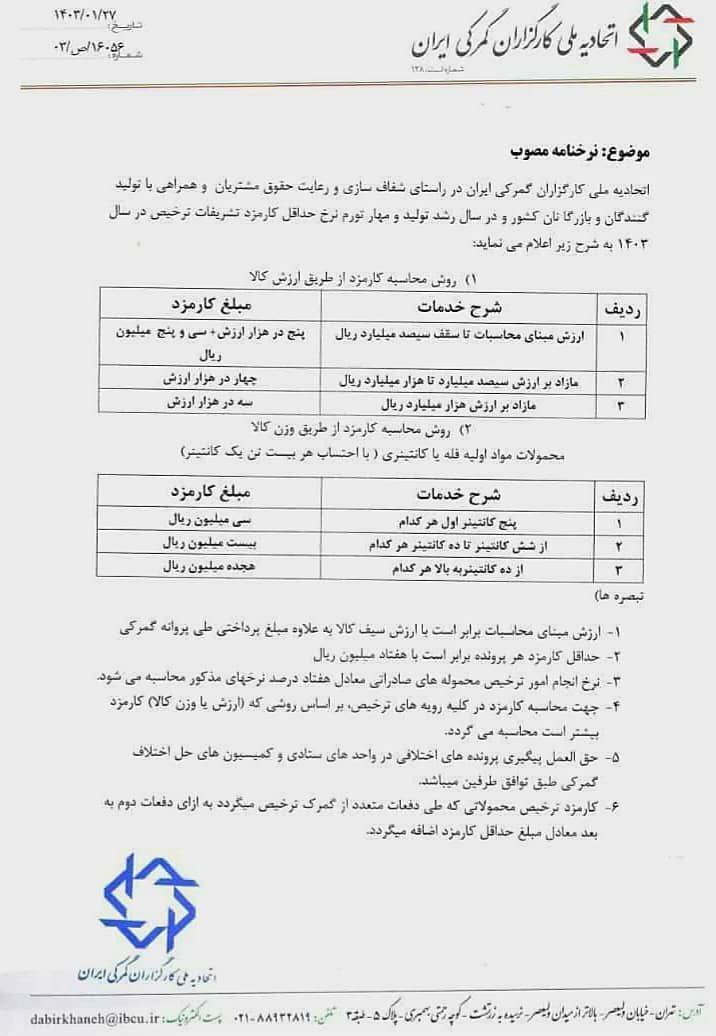 نرخنامه مصوب حداقل کارمزد تشریفات ترخیص در سال 1403