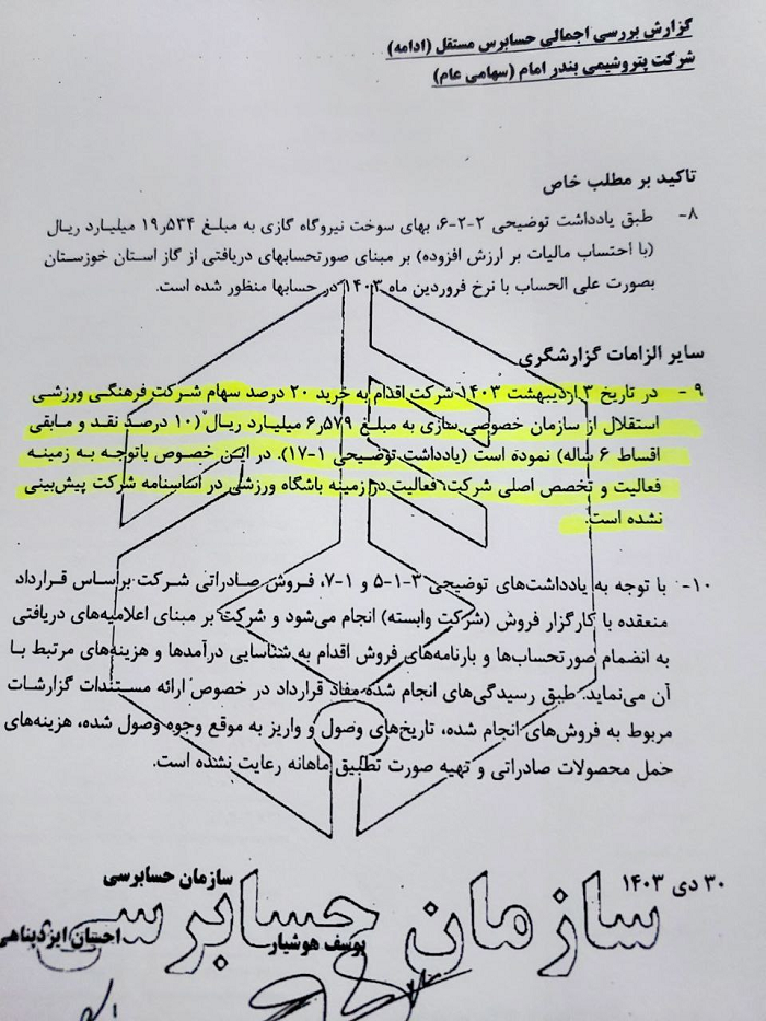 ایراد سازمان حسابرسی به خرید ۲۰ درصد سهام باشگاه استقلال توسط پتروشیمی بندر امام