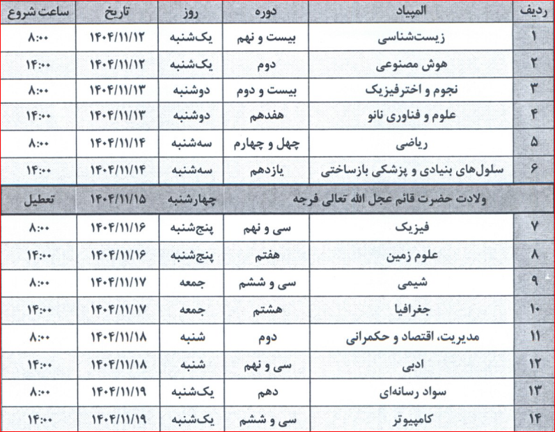 زمانبندی المپیادهای ۱۴۰۵-۱۴۰۴ اعلام شد زمانبندی المپیادهای ۱۴۰۵-۱۴۰۴ اعلام شد