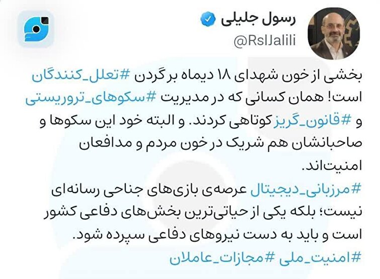 عضو شورای عالی فضای مجازی: تعلل در مدیریت سکوهای قانون‌گریز، در خون شهدای ۱۸ دی‌ماه سهیم است