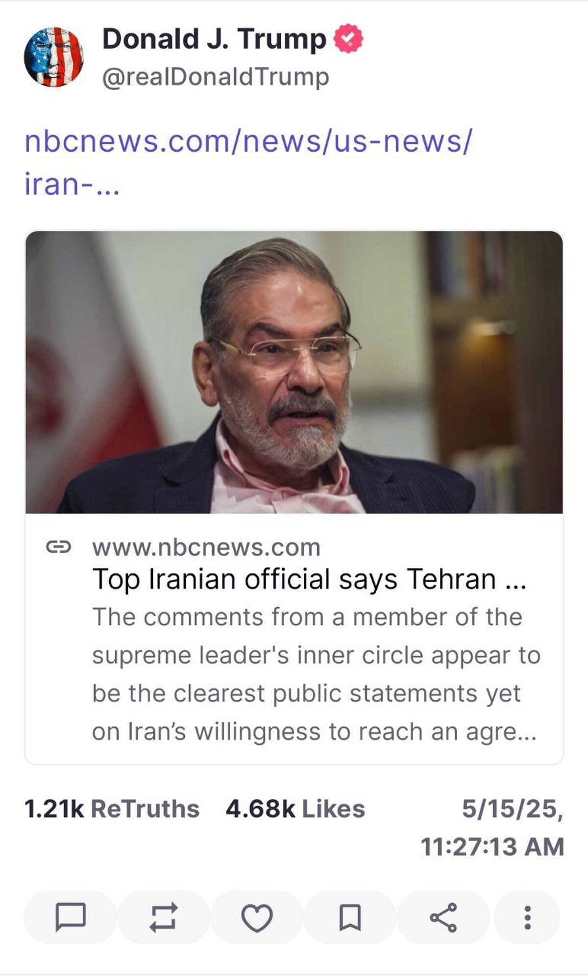 بازنشر مصاحبه شمخانی در شبکه اجتماعی ترامپ