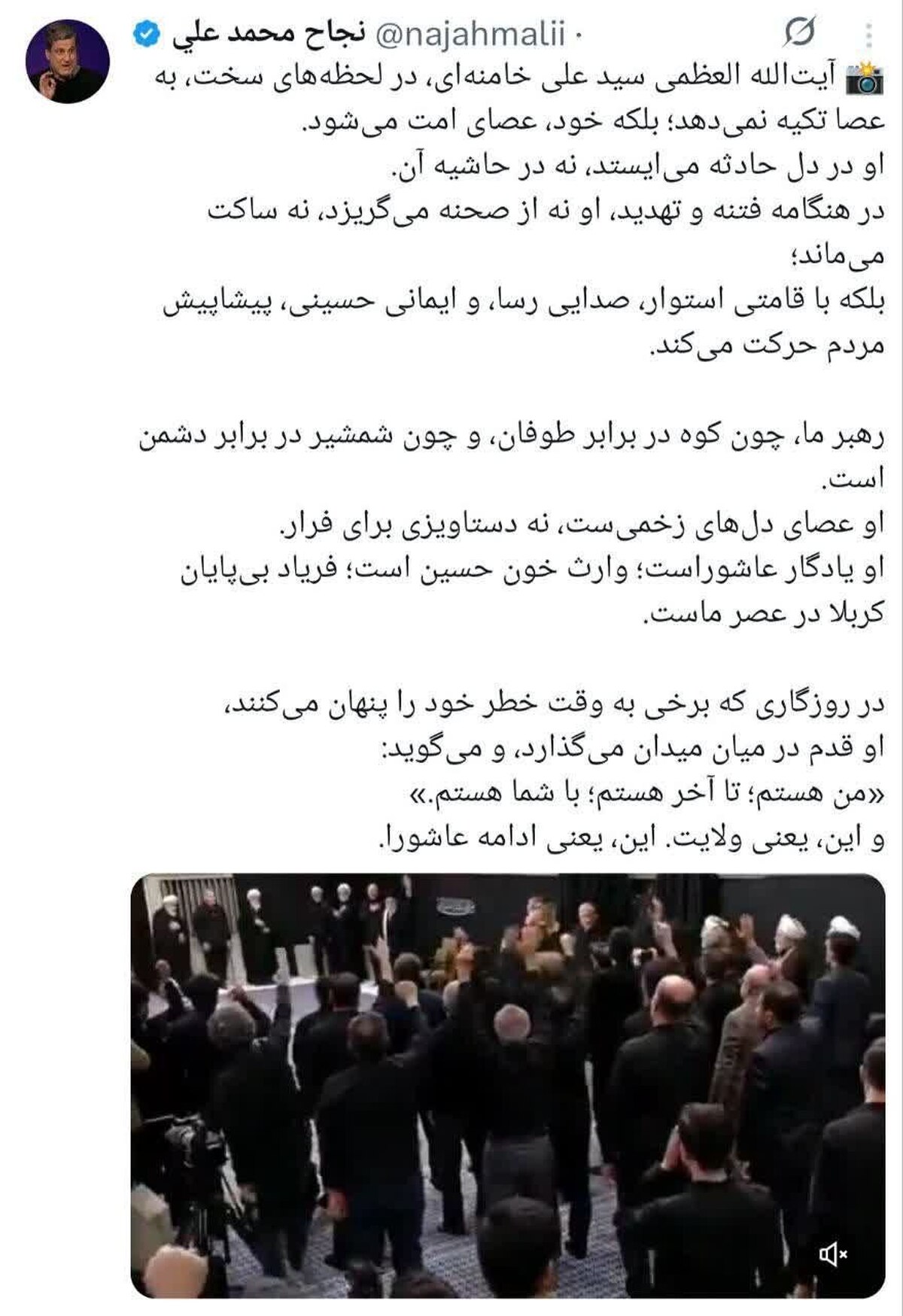 آیت‌الله العظمی خامنه‌ای، در لحظه‌های سخت، به عصا تکیه نمی‌دهد؛ بلکه خود، عصای امت می‌شود