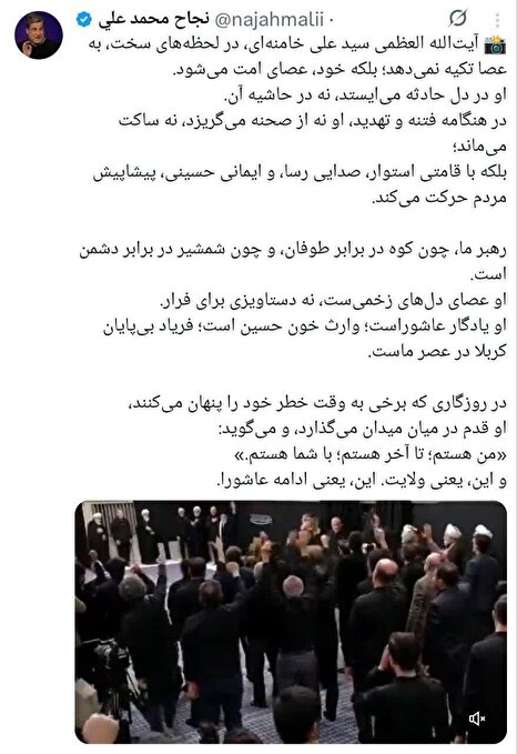 آیت‌الله العظمی خامنه‌ای، در لحظه‌های سخت، به عصا تکیه نمی‌دهد؛ بلکه خود، عصای امت می‌شود