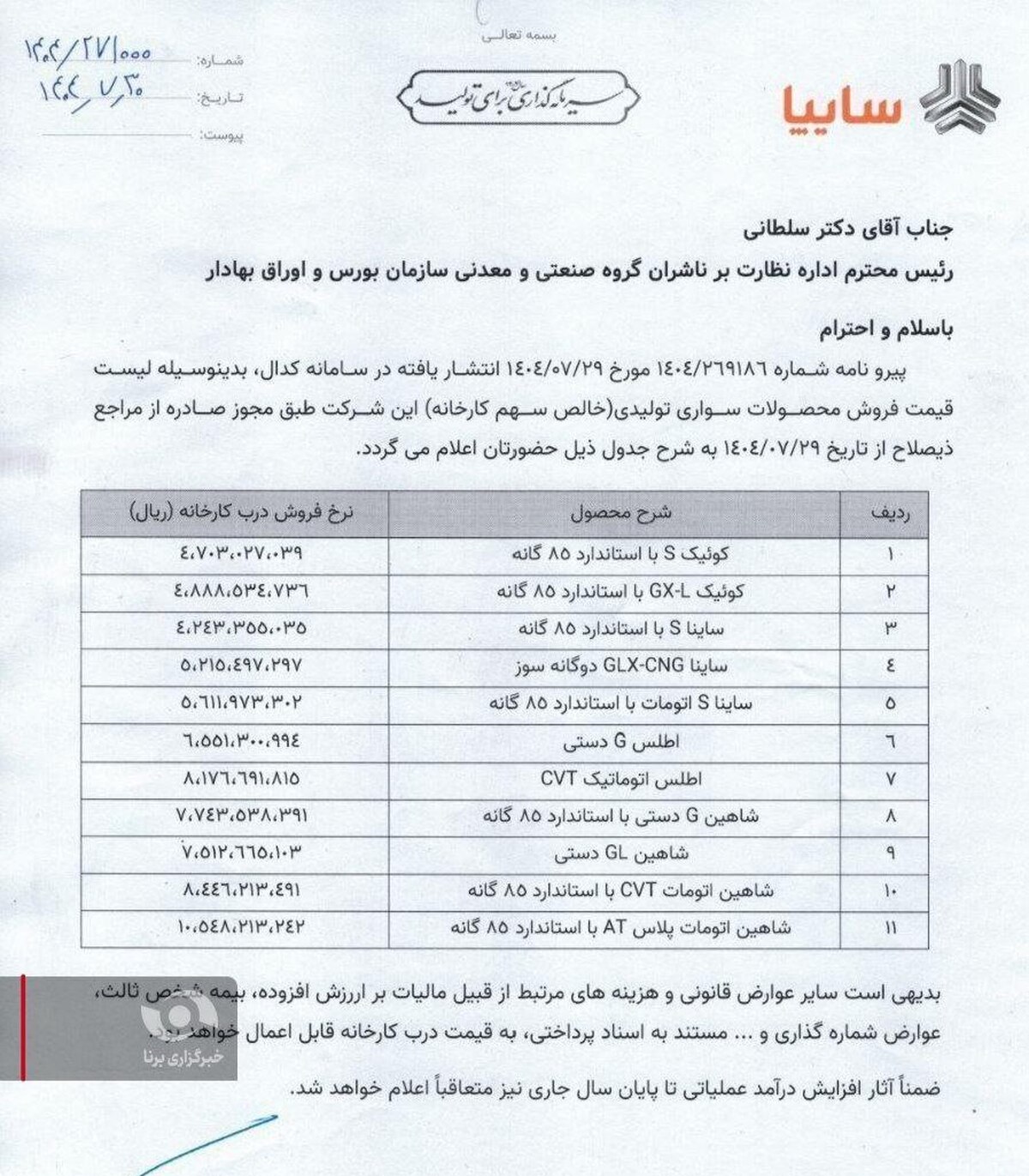 محصولات خودرو سازی سایپا گران شد