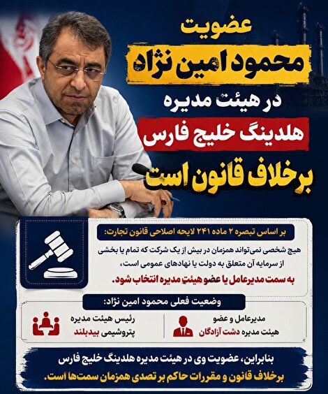 عضویت امین‌نژاد در هیئت‌مدیره بیدبلند و هلدینگ خلیج فارس محل ایراد حقوقی واقع شد؛ امکان عضویت همزمان