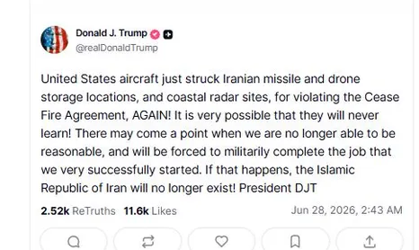 ترامپ تأیید کرد آتش‌بس با ایران را نقض کرده است
