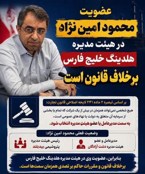 عضویت امین‌نژاد در هیئت‌مدیره بیدبلند و هلدینگ خلیج فارس محل ایراد حقوقی واقع شد؛ امکان عضویت همزمان